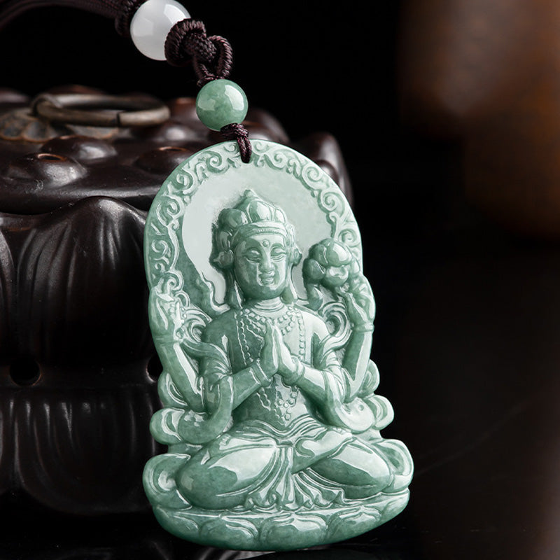 Stone of buddha Four-armed Avalokitesvara Natural Jade Amulet Blessing String Necklace