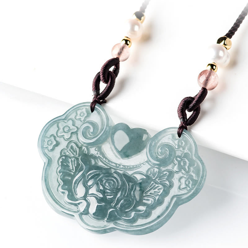 Stone of buddha Natural Jade Peony Flower Lock of Good Wishes Prosperity Necklace Pendant