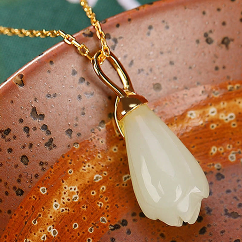 Stone of buddha 925 Sterling Silver Plated Gold Natural Hetian Jade Magnolia Flower Abundance Necklace Pendant