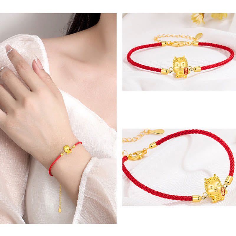 Stone of buddha 925 Sterling Silver Year Of The Dragon Lucky Golden Dragon Strength Red Rope Chain Bracelet