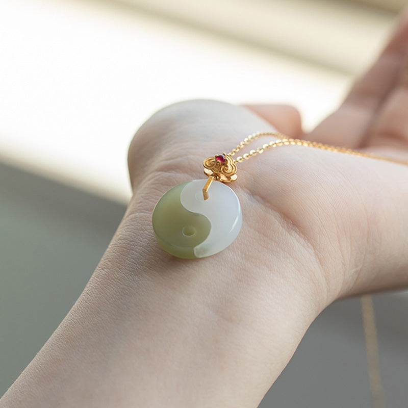 Stone of buddha Yin Yang Jade 18K Gold Luck Prosperity Necklace Pendant