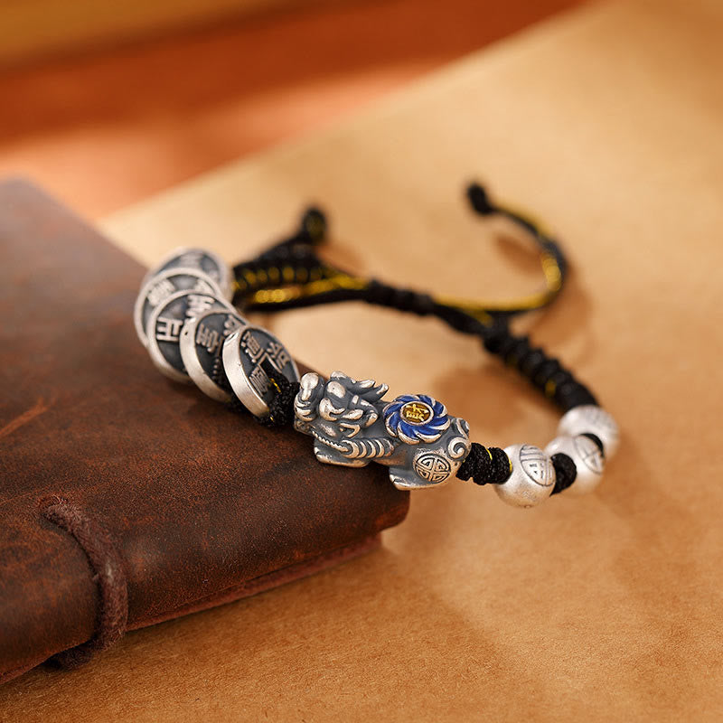 Stone of buddha 999 Sterling Silver FengShui PiXiu Copper Coin Fu Character Wealth Braided Bracelet