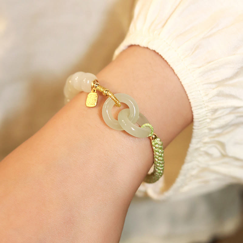 Stone of buddha Natural Hetian Jade Bead Double Peace Buckle Fu Character Abundance Braided Bracelet