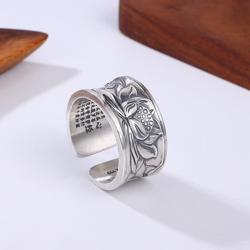Stone of buddha 999 Sterling Silver Lotus Flower Heart Sutra Protection Ring