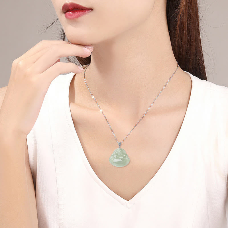 Stone of buddha 925 Sterling Silver Natural Jade Laughing Buddha Prosperity Abundance Chain Necklace Pendant