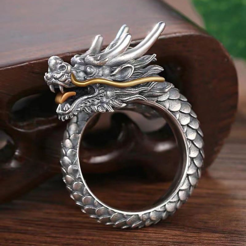 Stone of buddha 925 Sterling Silver Vintage Dragon Design Protection Strength Adjustable Ring