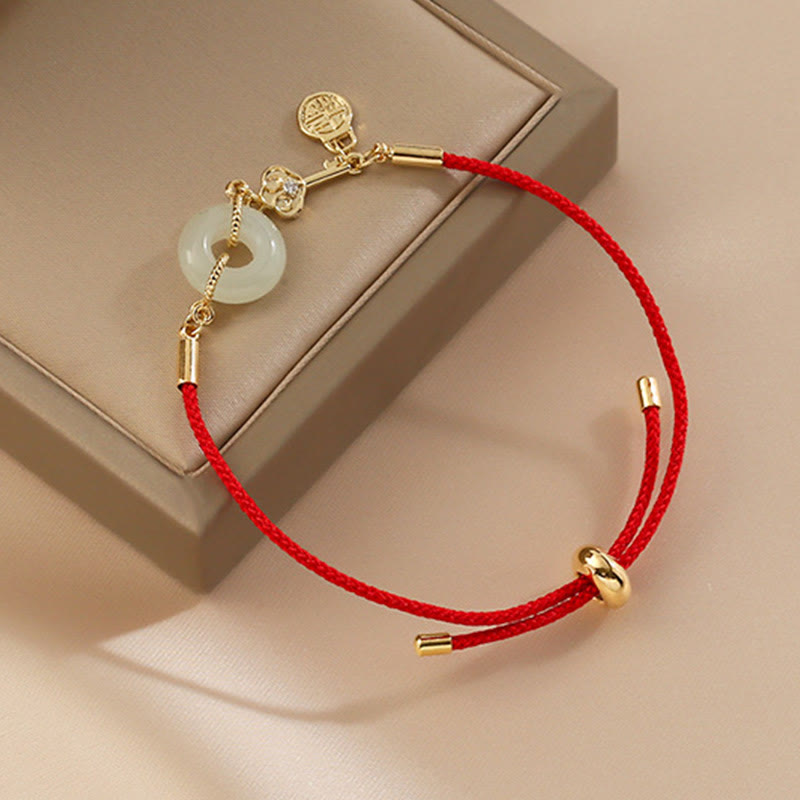 Stone of buddha 18K Gold Plated Hetian Jade Peace Buckle Fu Character Luck Red Rope Bracelet