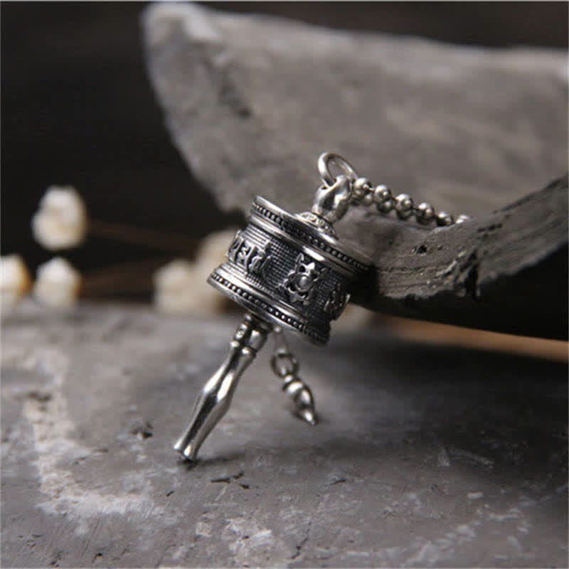 Stone of buddha 925 Sterling Silver Om Mani Padme Hum Prayer Wheel Purity Rotatable Necklace Pendant