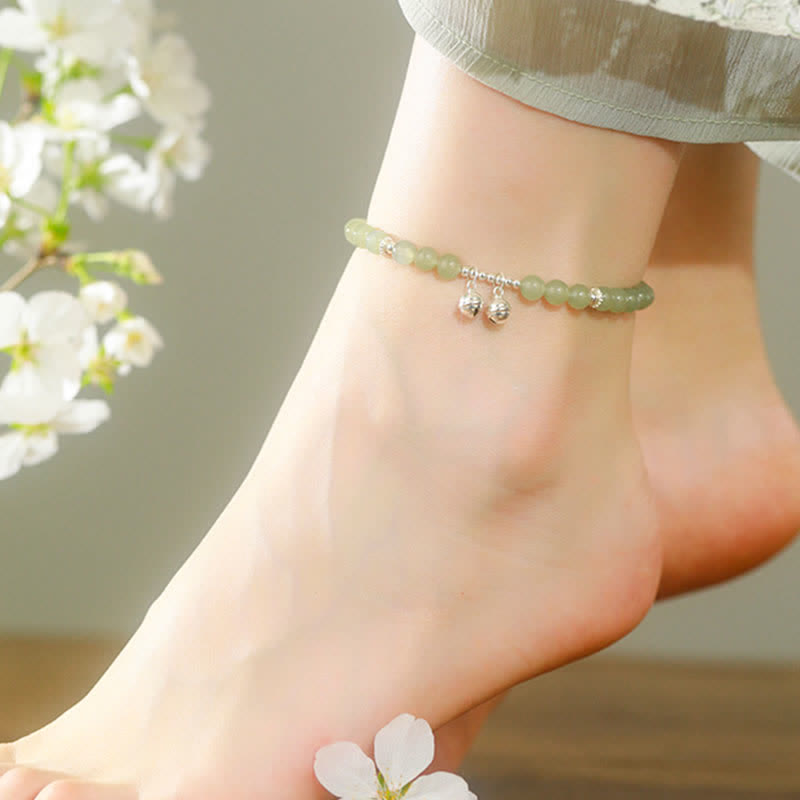Stone of buddha 925 Sterling Silver Natural Hetian Jade Prosperity Bell Charm Anklet