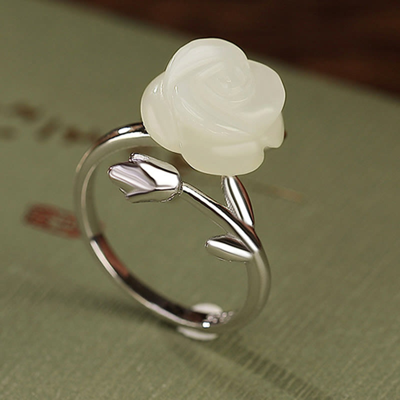Stone of buddha 925 Sterling Silver Plated Gold Rose Flower Hetian White Jade Happiness Ring