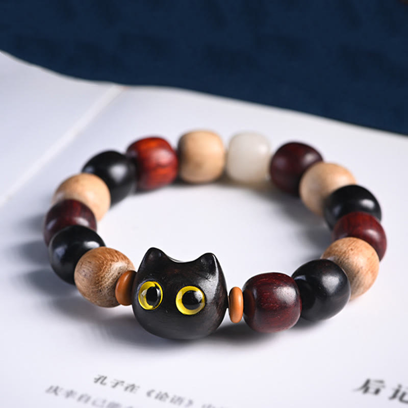 Stone of buddha Small Leaf Red Sandalwood Ebony Wood Cute Cat Engraved Protection Bracelet
