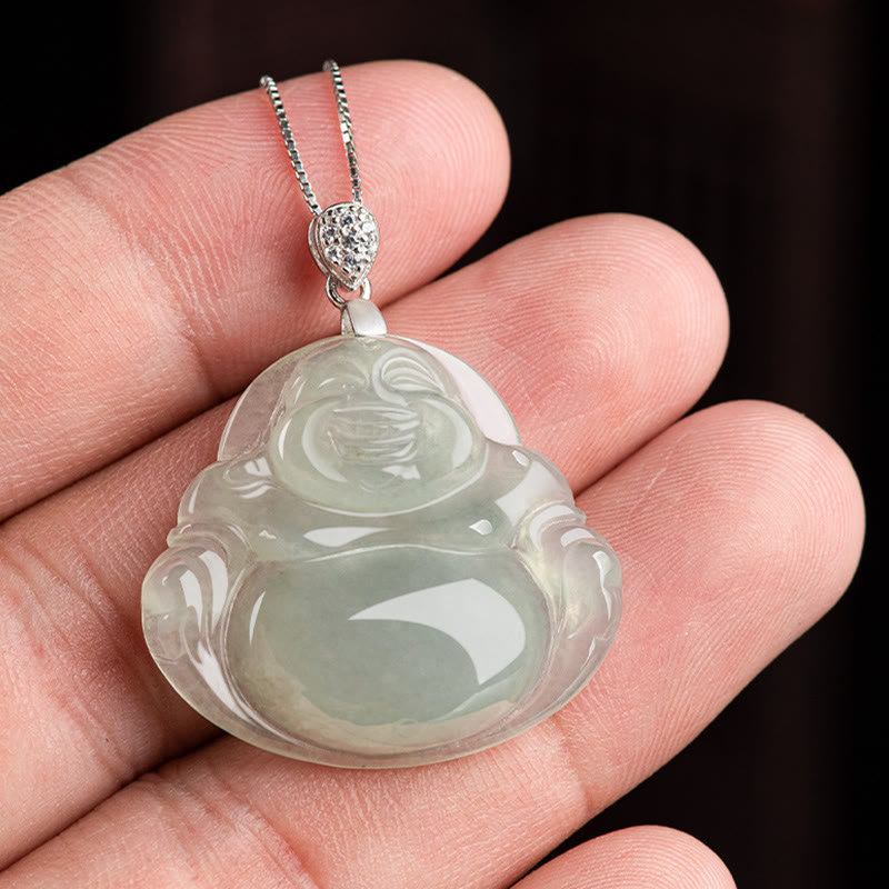 Stone of buddha 925 Sterling Silver Natural Jade Laughing Buddha Prosperity Abundance Chain Necklace Pendant