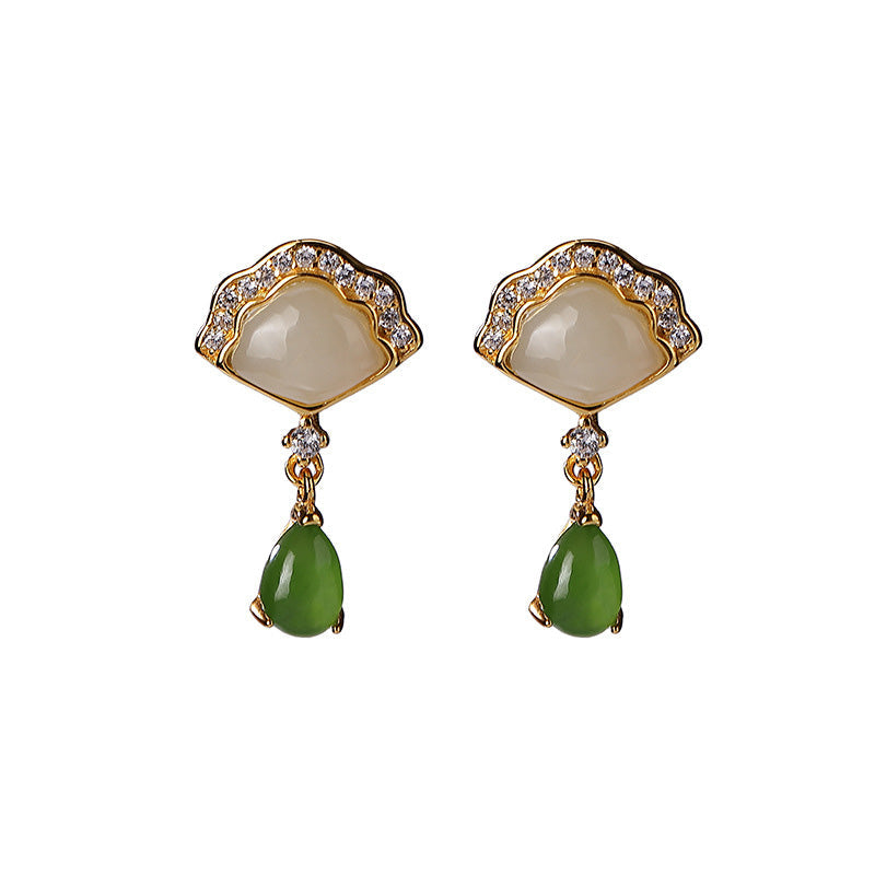 Stone of buddha White Jade Cyan Jade Fan Water Drop Pattern Luck Drop Earrings