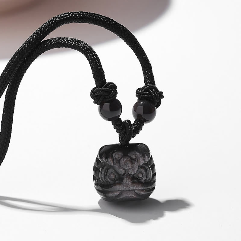 Stone of buddha Natural Silver Sheen Obsidian Red Agate Dancing Lion Protection Necklace Pendant