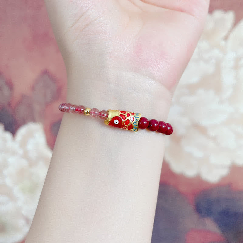 Stone of buddha Natural Strawberry Quartz Cinnabar Lucky Koi Fish Healing Bracelet
