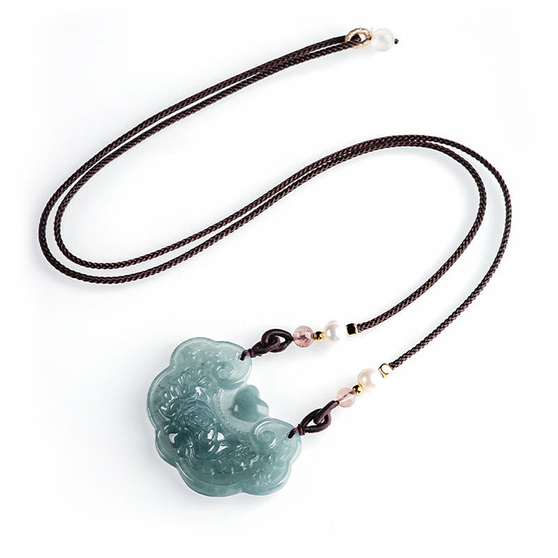 Stone of buddha Natural Jade Peony Flower Lock of Good Wishes Prosperity Necklace Pendant