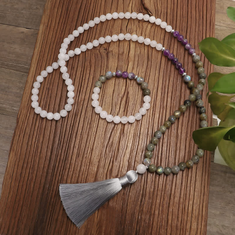 Stone of buddha 108 Mala Beads White Agate Amethyst Black Glitter Stone Protection Bracelet