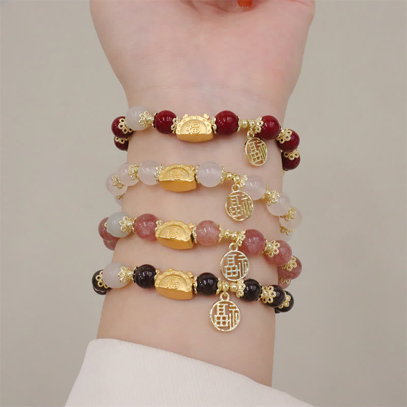 Stone of buddha Year Of The Dragon Red Agate Strawberry Quartz Black Obsidian Jade Garnet Pearl Cinnabar Dumpling Dragon Luck Fu Character Bracelet