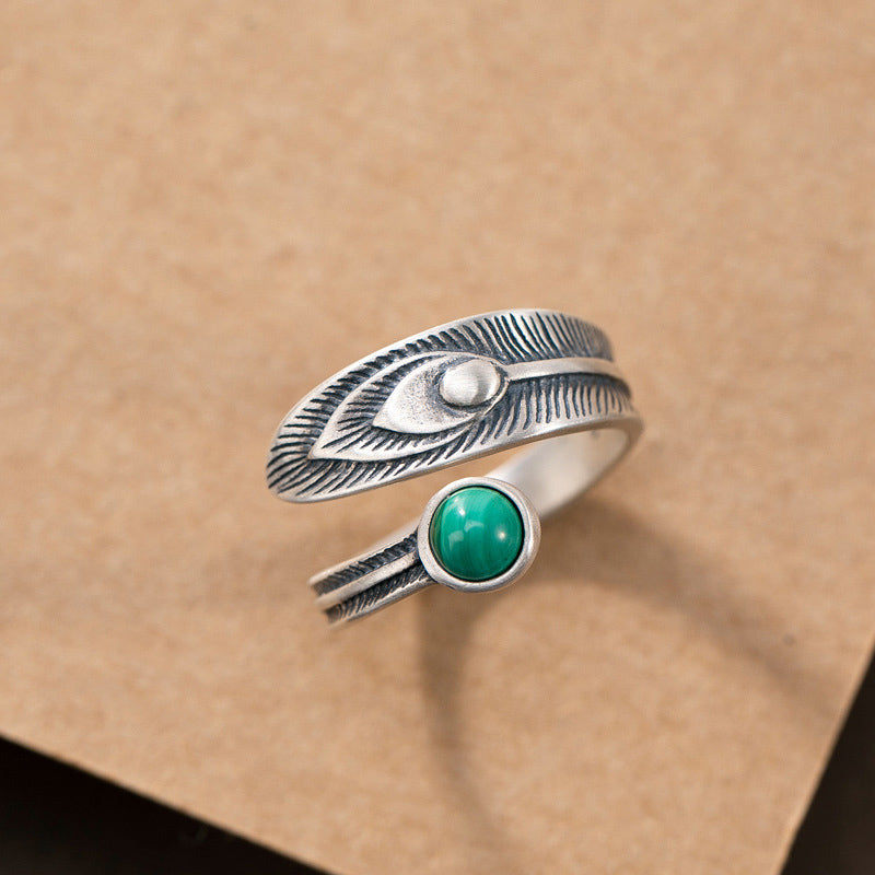Stone of buddha 925 Sterling Silver Malachite Bead Feather Protection Ring