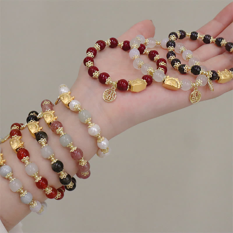 Stone of buddha Year Of The Dragon Red Agate Strawberry Quartz Black Obsidian Jade Garnet Pearl Cinnabar Dumpling Dragon Luck Fu Character Bracelet
