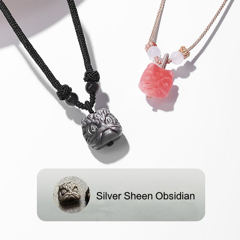Stone of buddha Natural Silver Sheen Obsidian Red Agate Dancing Lion Protection Necklace Pendant