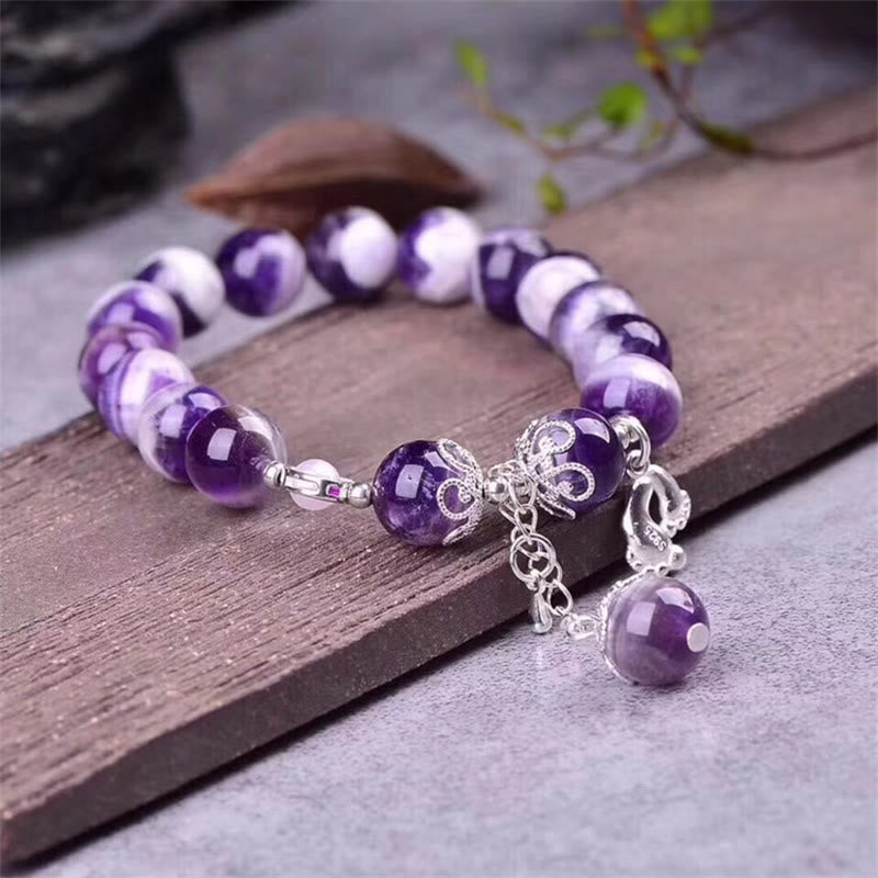 Stone of buddha 925 Sterling Silver Natural Amethyst Healing Feet Love Heart Charm Bracelet