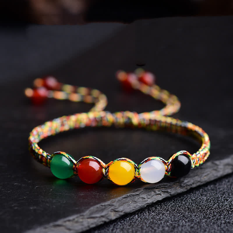 Stone of buddha Colorful Agate Metal Wood Water Fire Earth Five Elements String Bracelet