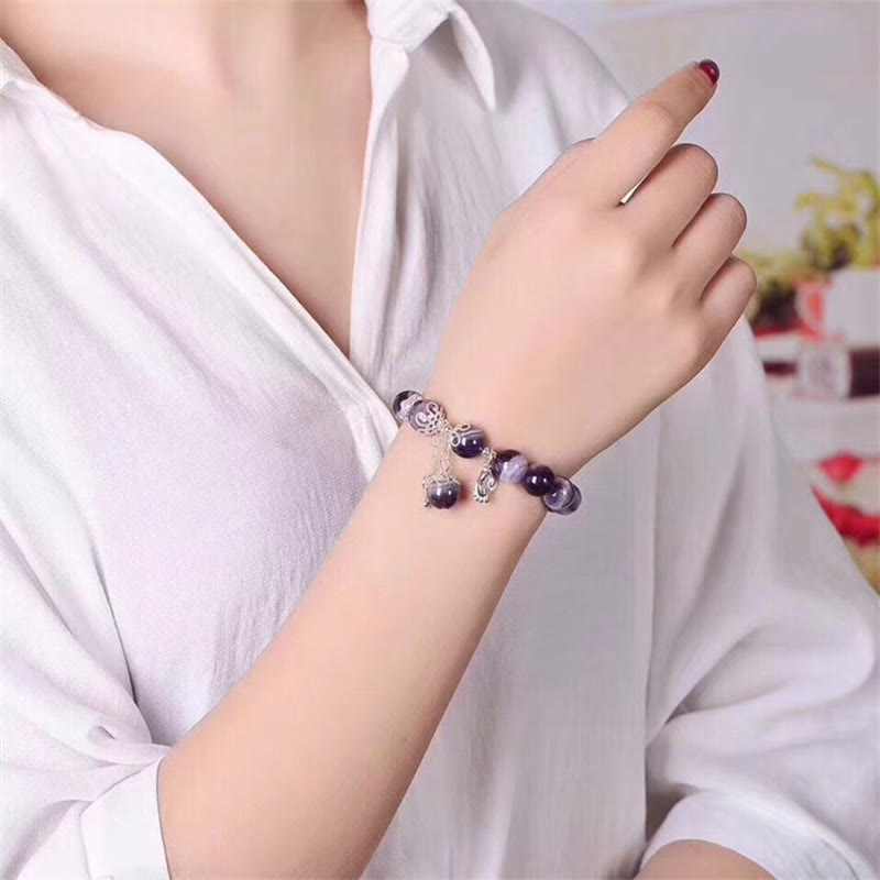 Stone of buddha 925 Sterling Silver Natural Amethyst Healing Feet Love Heart Charm Bracelet