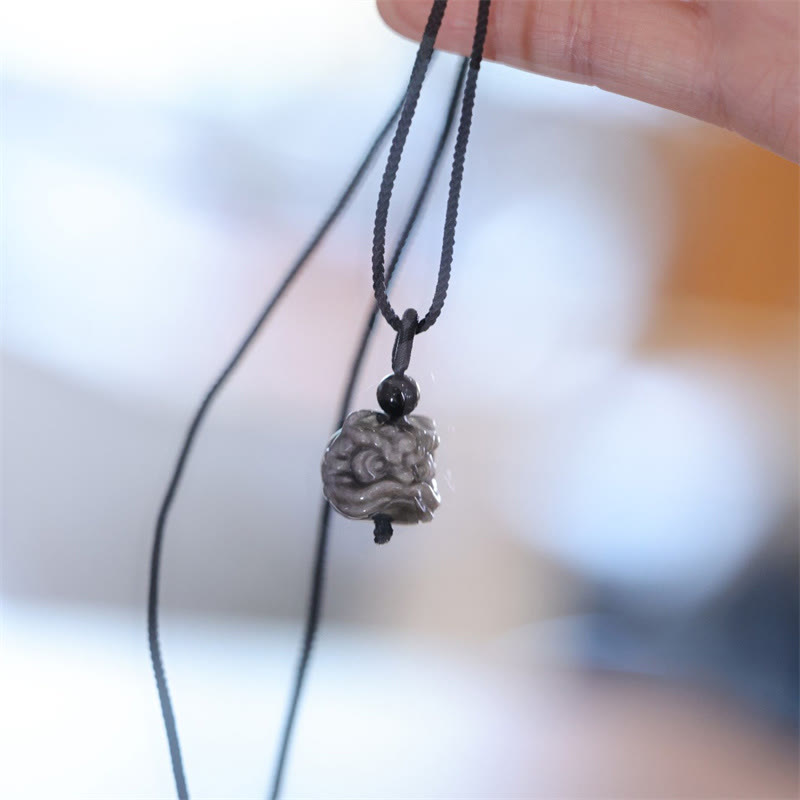 Stone of buddha Natural Silver Sheen Obsidian Dancing Lion Protection Necklace Pendant