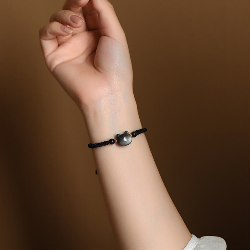 Stone of buddha Handmade Natural Silver Sheen Obsidian Strawberry Quartz Cute Cat Protection Braided Bracelet