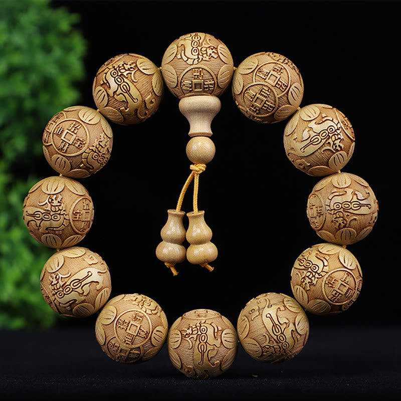 Stone of buddha Chinese Zodiac Rosewood Ebony Boxwood Copper Coin PiXiu Carved Warmth Bracelet