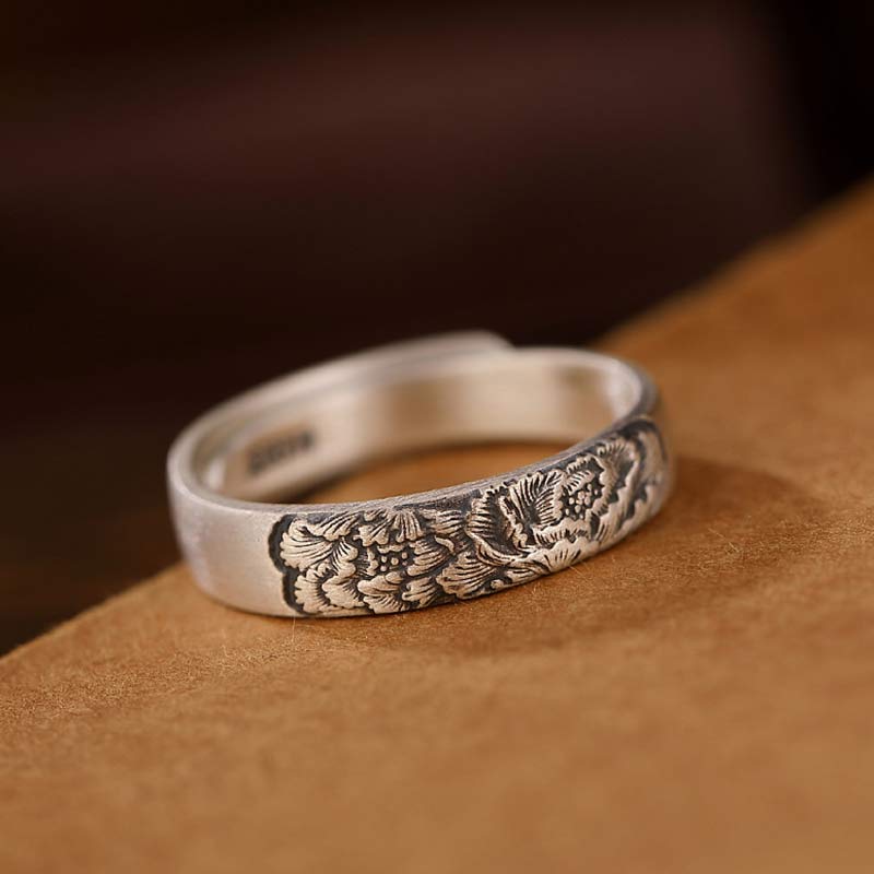 Stone of buddha 999 Sterling Silver Lotus Peony Flower Enlightenment Ring
