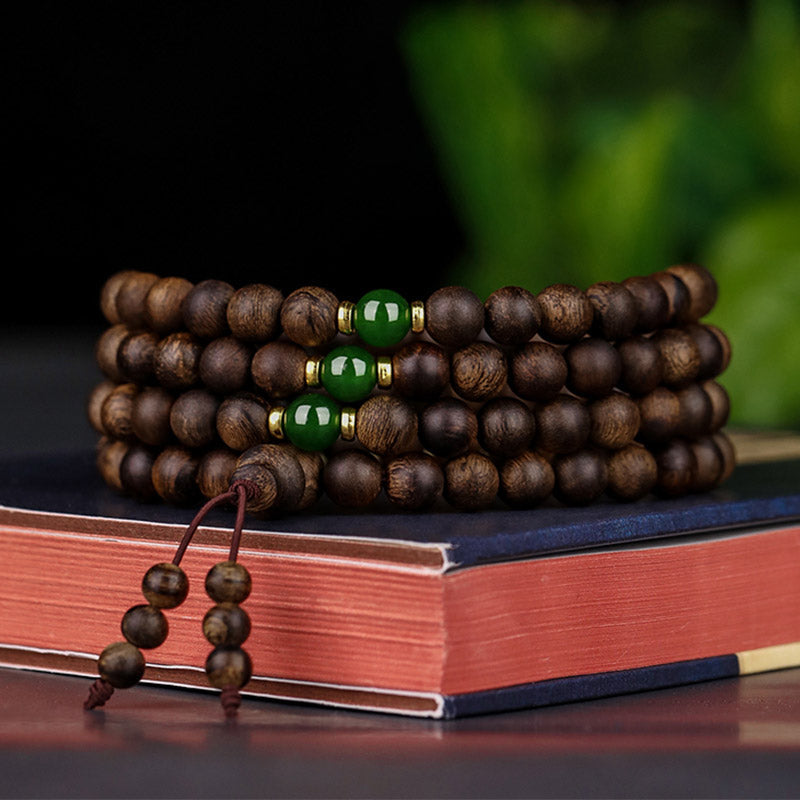Stone of buddha 108 Mala Beads Indonesia Tarakan Rare Agarwood Cyan Jade Ward Off Evil Spirits Bracelet