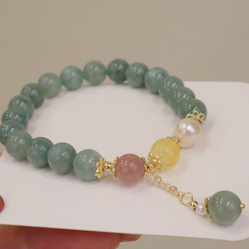Stone of buddha Jade Pearl Strawberry Quartz Abundance Luck Bead Charm Bracelet