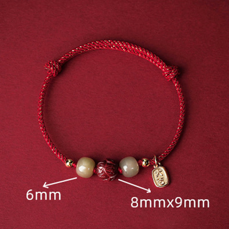 Stone of buddha 14K Gold Plated Hetian Jade Cinnabar Lotus Luck Handcrafted Rope Bracelet