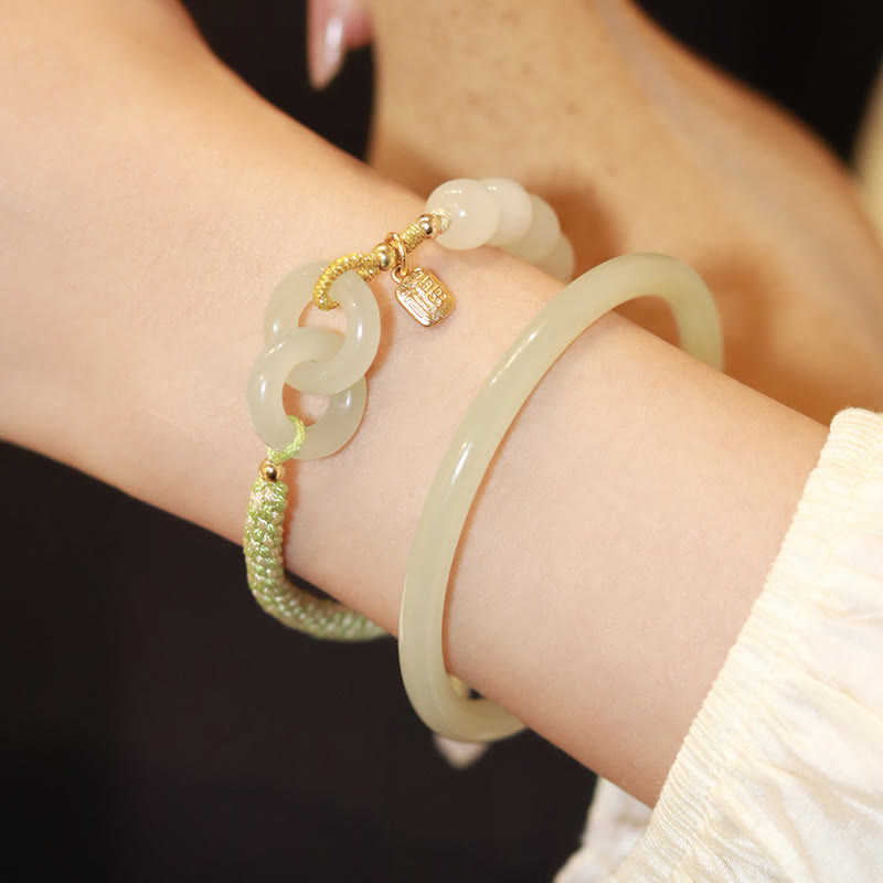 Stone of buddha Natural Hetian Jade Bead Double Peace Buckle Fu Character Abundance Braided Bracelet