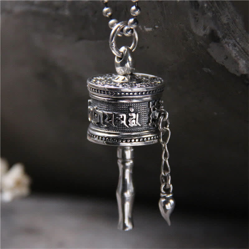 Stone of buddha 925 Sterling Silver Om Mani Padme Hum Prayer Wheel Purity Rotatable Necklace Pendant