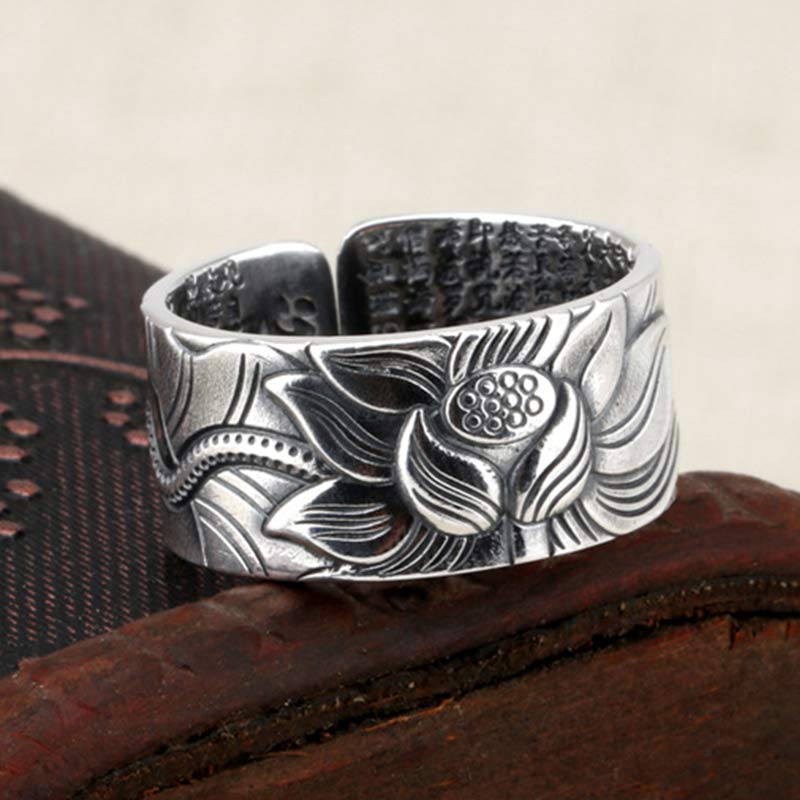 Stone of buddha 999 Sterling Silver Lotus Symbol Heart Sutra Protection Ring