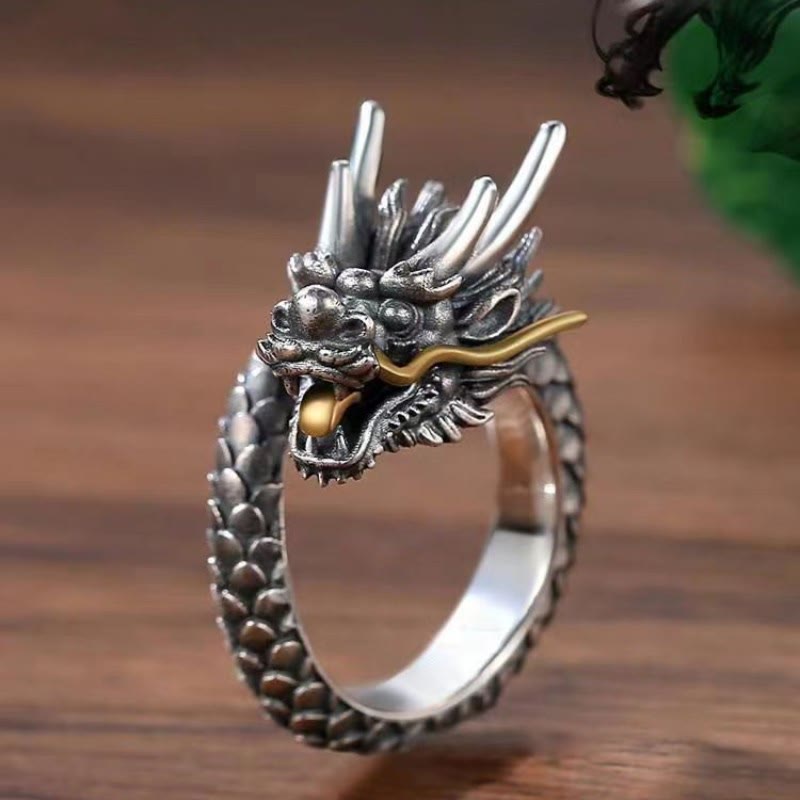 Stone of buddha 925 Sterling Silver Vintage Dragon Design Protection Strength Adjustable Ring