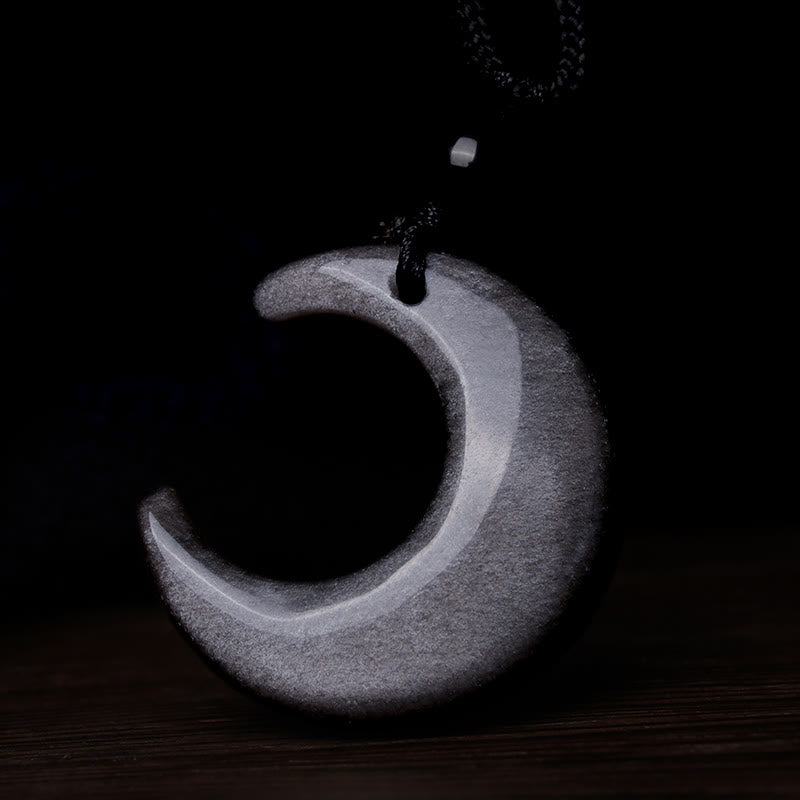 Stone of buddha Natural Silver Sheen Obsidian Selenite Crystal Crescent Moon Yin Yang Couple Protection Necklace Pendant