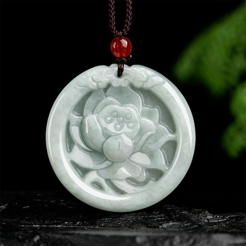 Stone of buddha Natural Jade Lotus Flower Carved Prosperity Necklace Pendant