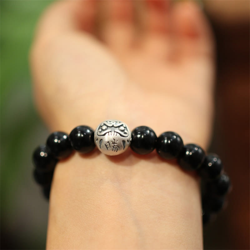Stone of buddha 925 Sterling Silver Black Onyx Bead Character Engraved Protection Bracelet