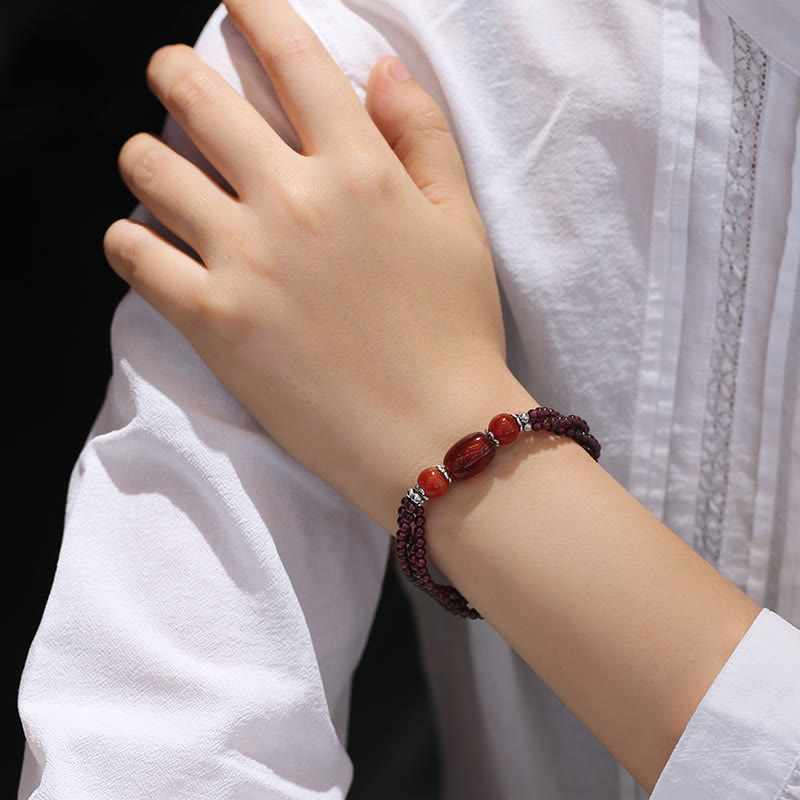 Stone of buddha Natural Garnet Red Agate Protection Triple Layer Bracelet