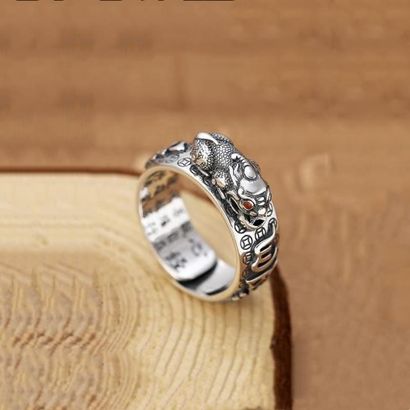 Stone of buddha Tibetan 990 Sterling Silver Om Mani Padme Hum PiXiu Dorje Vajra Heart Sutra Engraved Wealth Ring
