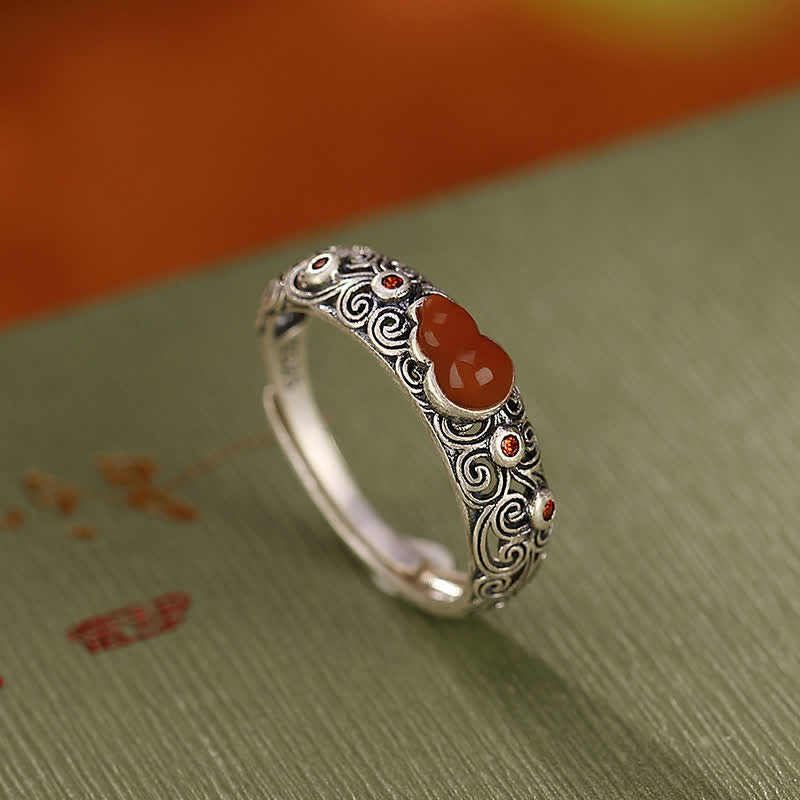 Stone of buddha 925 Sterling Silver Red Agate Cyan Jade Gourd Blessing Auspicious Ring