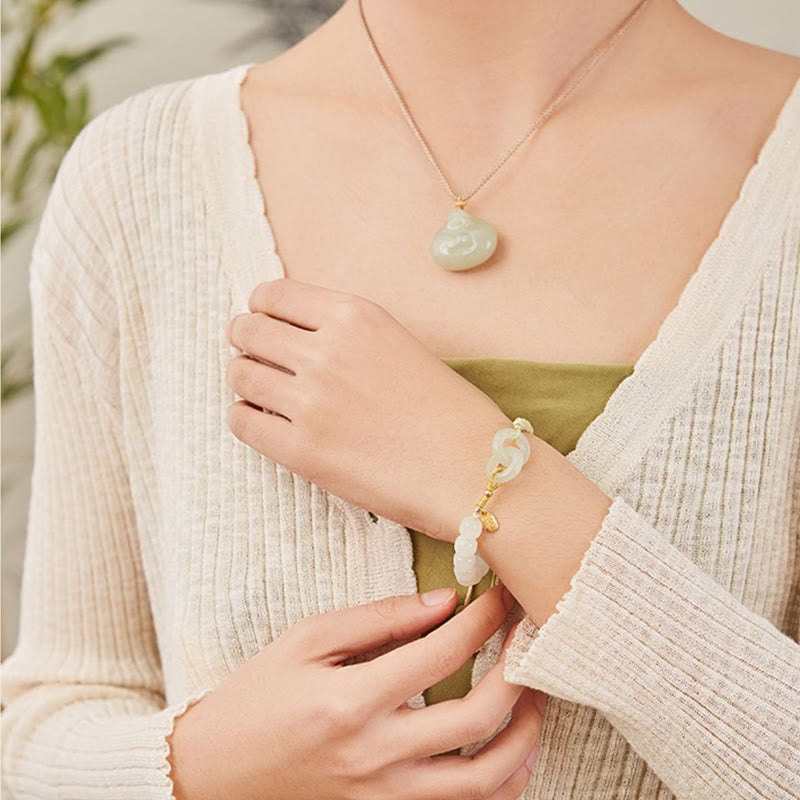 Stone of buddha Natural Hetian Jade Bead Double Peace Buckle Fu Character Abundance Braided Bracelet