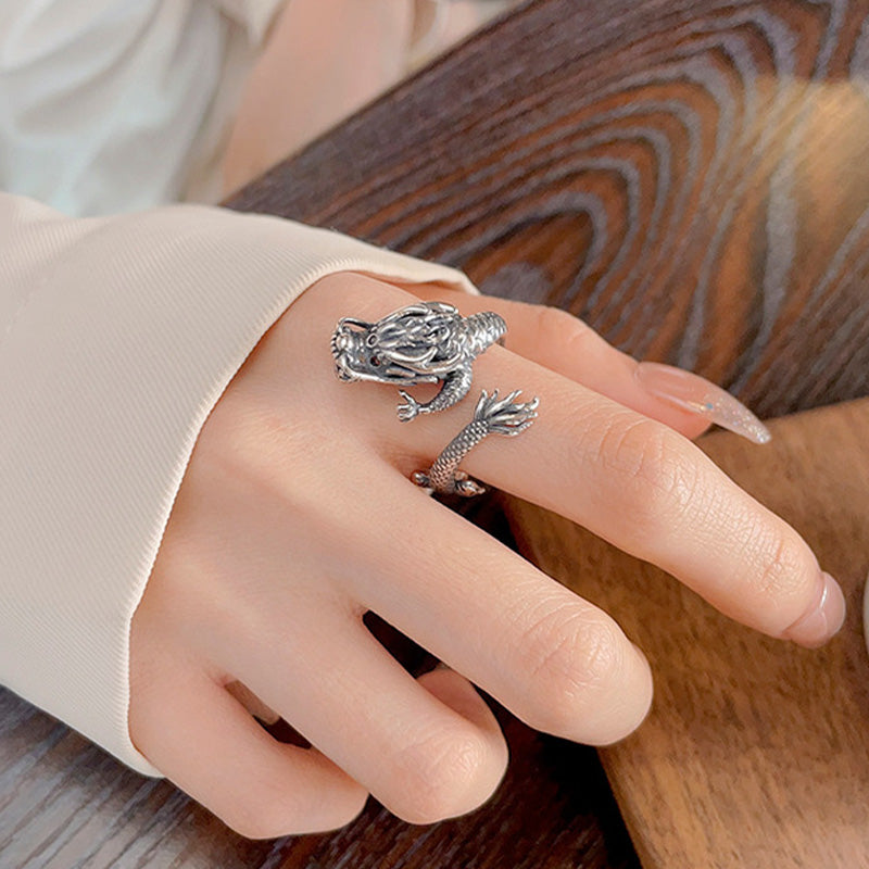 Stone of buddha Vintage 925 Sterling Silver Year Of The Dragon Design Luck Metal Ring