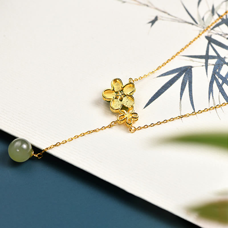 Stone of buddha 925 Sterling Silver Hetian Cyan Jade Plum Flower Blossom Design Luck Necklace Pendant