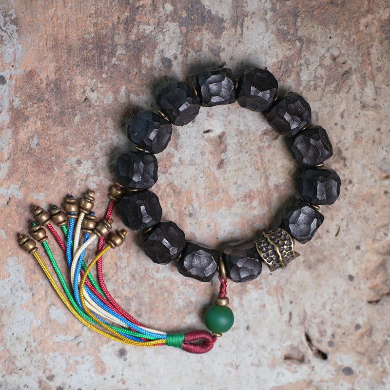 Stone of buddha Tibet Ebony Wood Copper Peace Tassel Wrist Mala Bracelet