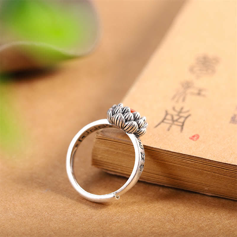 Stone of buddha925 Sterling Silver Lotus Red Agate Confidence Blessing Ring
